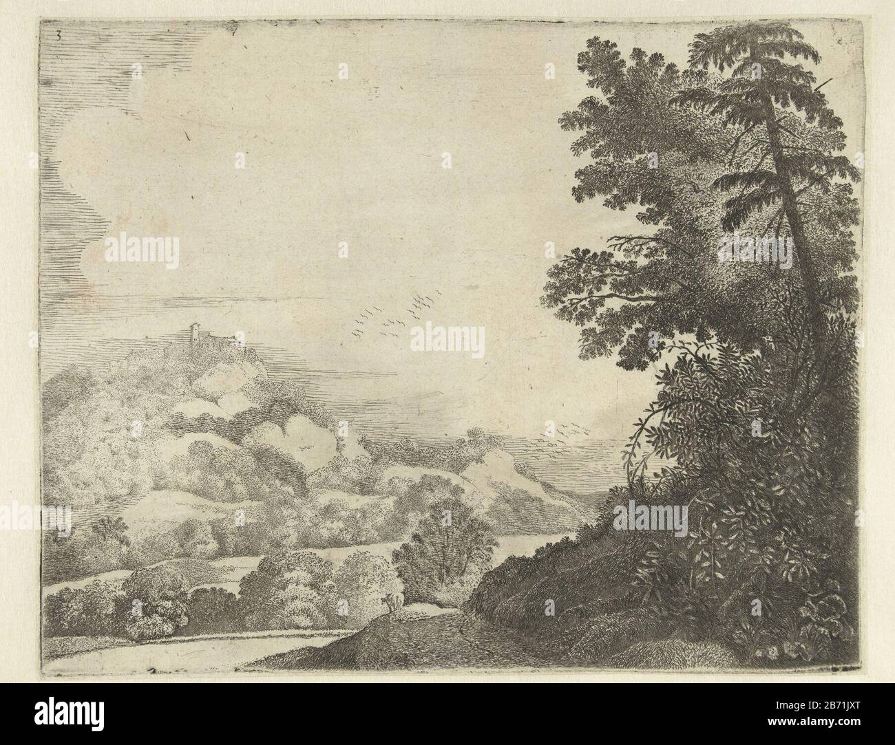 Landschap met schaap op heuvel en bomen Landschappen (servietitel) Paysage avec moutons sur colline et arbres paysages (titre de la série) Type de propriété: Imprimer Numéro de série: 3 / 6Objectnummer: RP-P-1879-A-3042Catalogusreferentie: Hollstein Néerlandais 13-2 (2 marquages / marques: Annotation, verso bas gauche manuscrit 'W / C'Lugt 1407 marque de collecteur , verso bas centre, estampillé: Lugt 2228 Fabricant : graveur Jan van Brosterhuyzen (bâtiment classé) dans sa conception: Jan van BrosterhuyzenPlaats fabrication: Pays-Bas Date: 1610 - 1650 Caractéristiques physiques: Matière de gravure : papier: Technique de gravure Banque D'Images