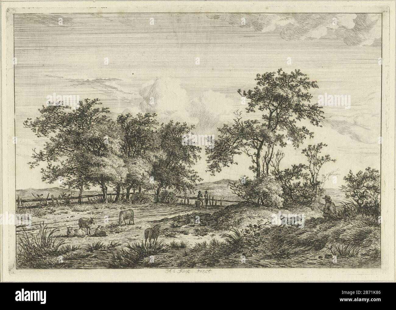 Landschap a rencontré tekenaar en fond Dans un pré avec des moutons debout deux personnes en arrière-plan avec une clôture. Au premier plan est un chien avec un homme avec un croquis dans son knieën. Fabricant : printmaker Hermanus Fock (propriété cotée) Lieu de fabrication: Amsterdam Date: 1781 - 1822 Caractéristiques physiques: Gravure: Technique du papier: Gravure Dimensions: Bord de la plaque: H 170 mm × b 241 mm Objet: Rapporteur pour avis au travail - CC - à l'extérieur ou par Banque D'Images