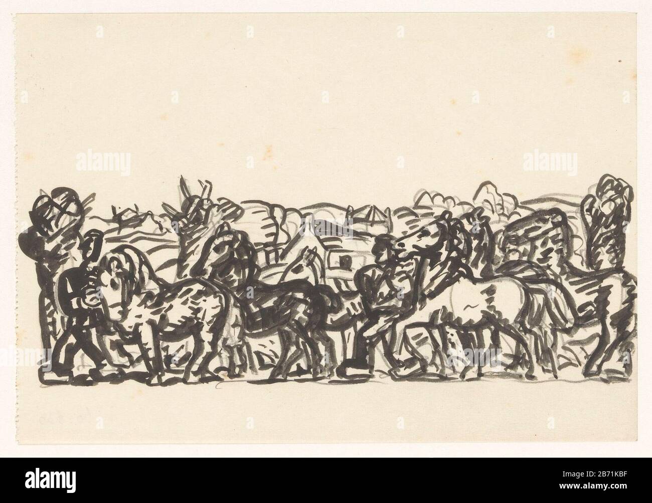 Landschap met twee boeren, die paarden aan de Hand leiden Paysage avec deux agriculteurs, chevaux utilisant le type d'objet en plomb: Dessin Numéro d'objet: RP-T 1960-630 Fabricant : artiste Leo Gestel Date: 1891 - 1941 Caractéristiques physiques: Brosse en crayon noir: Papier crayon: Technique Dimensions: H 133 mm × W 193 mm Objet: Ferme ou maison en paysage solitaire agriculteurs Banque D'Images