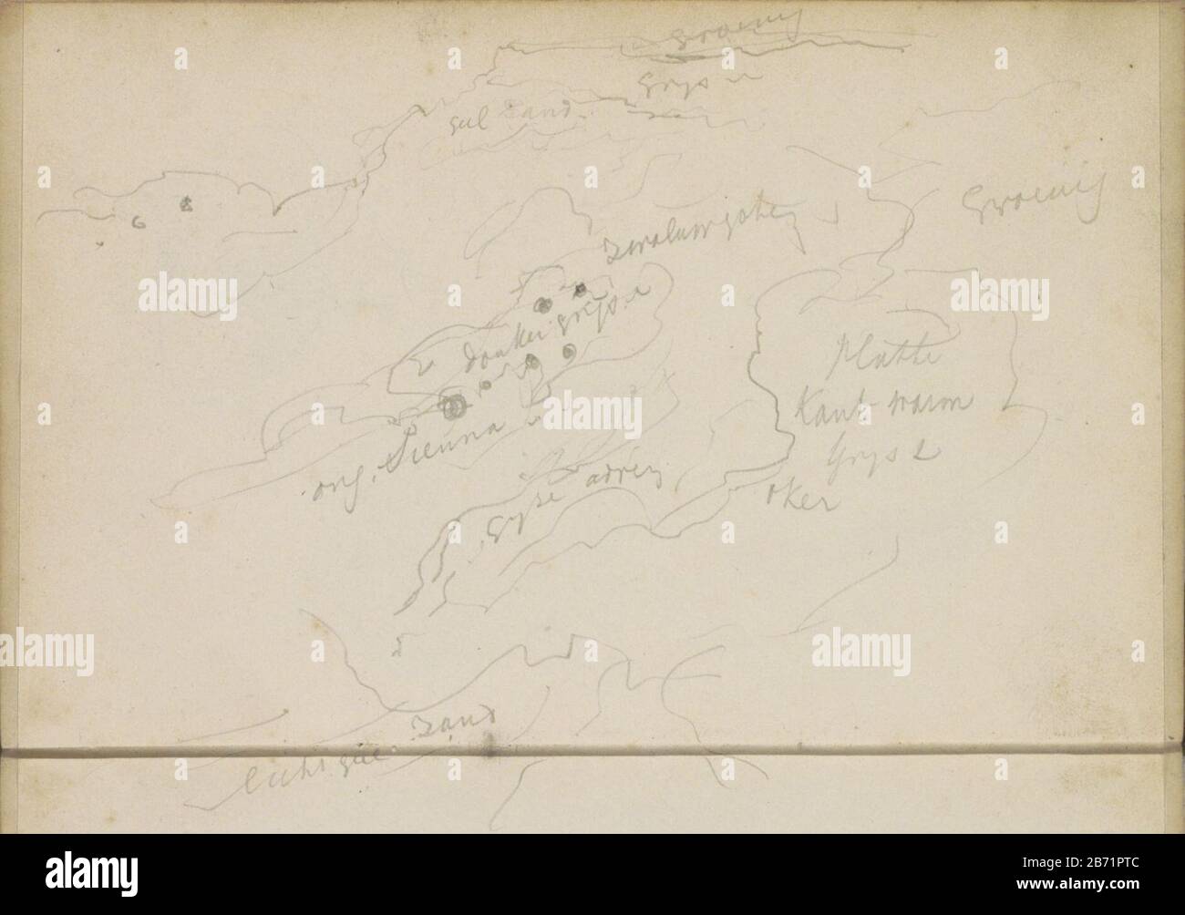 Landschap Landscape Object Type: Sketch-leaf Numéro d'objet: RP-T-1994-23-27 (V) Marquages / marques: Note de couleur, description écrite à la main: Feuille 27, à l'envers et 28 recto d'un sketch-73 bladen. Fabricant : dessinateur: Johannes Tavenraat Dating: 1839 - env 1872 Caractéristiques physiques: Crayon matière: Papier crayon Sujet paysage Banque D'Images