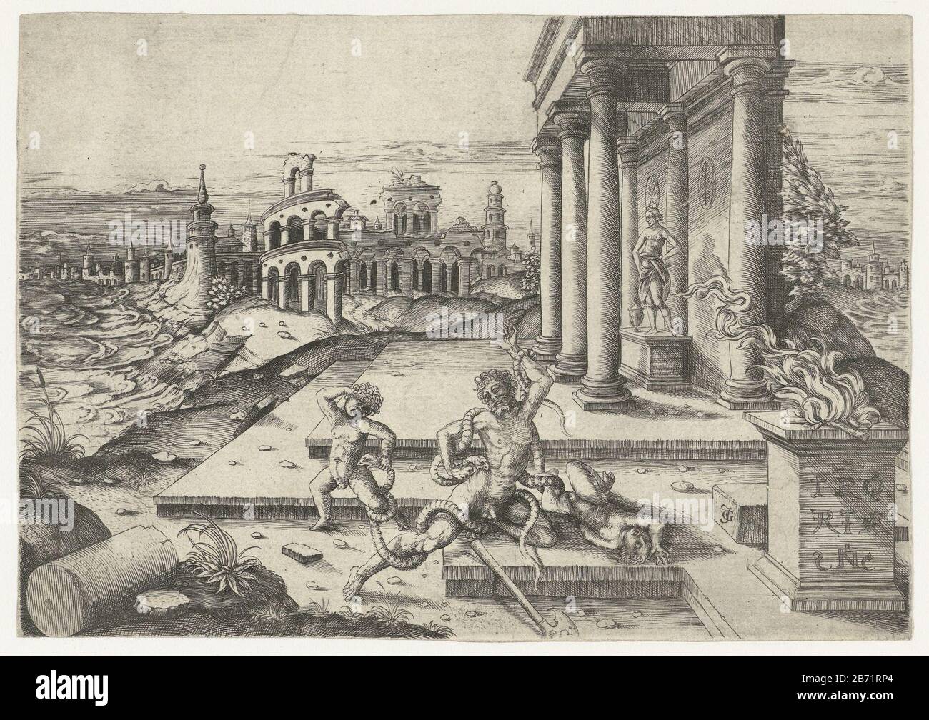 Laocoön et ses deux fils seront tués par deux serpents de mer. À côté d'eux ont allumé un feu sacrificiel sur un autel, en arrière-plan la ville et les ruïnes. Fabricant : printmaker Jean de Gourmont (I) (bâtiment classé) Lieu de fabrication: France Date: 1493 - 1551 Caractéristiques physiques: Matériel automobile: Papier technique: Engrala (impression ) Dimensions: Feuille: H 107 mm × W 173 mm Objet: Laocoon et ses deux fils jumeaux sont étranglés par deux serpents pendant les préparatifs d'un sacrifice Banque D'Images