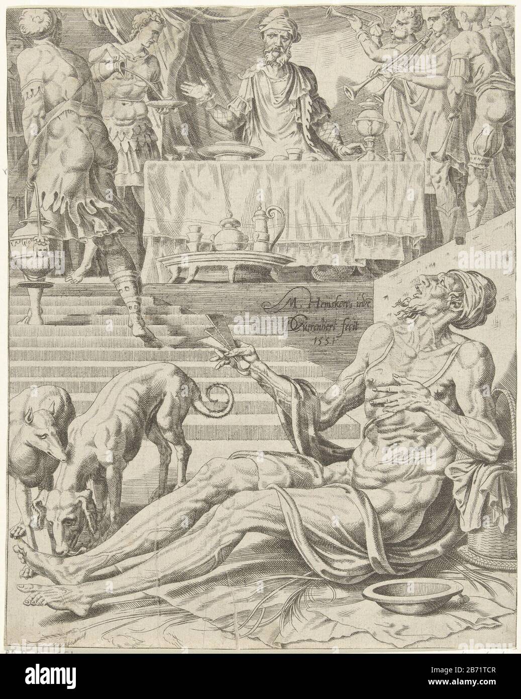 Lazarus bedelt aan de feestdis van de rijke man Gelijkenis van de rijke man en de arme Lazarus (servietitel) Le riche homme est assis à un banquet. À sa droite, deux musiciens qui jouent un instrument de vent. Laissé un serviteur remplit un bol de vin. Au premier plan se trouvent les chiens Lazarus bedelen.Twee pour lécher ses blessures. L'impression fait partie d'une série de paraboles de l'homme riche et du pauvre Lazarus. Fabricant : Printmaker: Dirck Volckertsz. Coornhert (bâtiment classé), conçu par Maarten van Heemskerck (propriété cotée) Lieu de fabrication: Haarlem Dating: 1551 Caractéristiques physiques: Engrala et le matériel de gravure Banque D'Images
