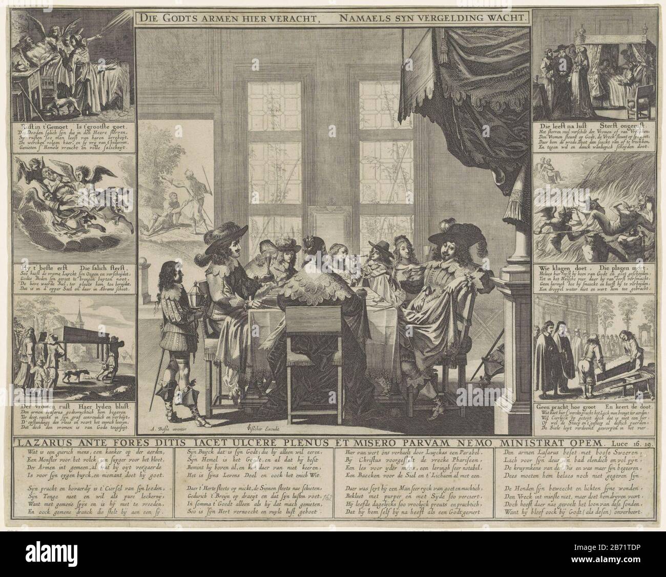 Lazarus en de rijke man Die Godts armen hier veracht, namaels syn vergelding wacht (titre op object) Royaalbijbel (servietitel) À l'intérieur est un riche homme avec sa famille et invités de dîner. La porte de droite est vue le mendiant Lazarus, qui: NS les blessures sont licites par un chien. De haut en bas trois spectacles plus petits avec la mort de Lazarus, son ascension et ses funérailles. Juste trois petits spectacles avec la mort de l'homme riche, l'homme riche en enfer et ses funérailles. Dans l'histoire de la Bible dans Luc. 16: 19-25. Fabricant : printmaker Pieter Nolpenaar design: Abraham Bosse (bâtiment classé) publier Banque D'Images