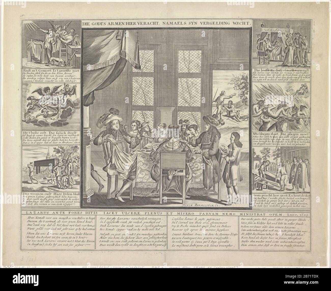 Lazarus en de rijke man Die Godts armen hier veracht, namaels syn vergelding wacht (titre op object) Royaalbijbel (servietitel) À l'intérieur est un riche homme avec sa famille et invités de dîner. La porte de droite est vue le mendiant Lazarus, qui: NS les blessures sont licites par un chien. De haut en bas trois spectacles plus petits avec la mort de Lazarus, son ascension et ses funérailles. Juste trois petits spectacles avec la mort de l'homme riche, l'homme riche en enfer et ses funérailles. Dans l'histoire de la Bible dans Luc. 16: 19-25. Sous la performance quatre versets achtregelige en néerlandais, français et Duits. Fabricant : Banque D'Images