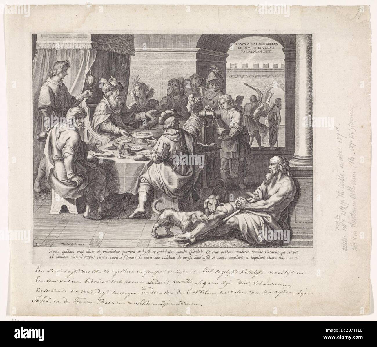 Lazarus bedelt aan de feestdis van de rijke man Gelijkenis van de rijke man en de arme Lazarus (servietitel) Le riche homme est assis à un banquet. Autour de lui nobles seigneurs et dames. Les musiciens jouent de la musique. Au premier plan se trouvent les chiens Lazarus bedelen.Twee pour lécher ses blessures. En arrière-plan est Lazarus expulsé sous la menace de coups. L'imprimé a une inscription latine et fait partie d'une série de paraboles de l'homme riche et de Lazarus. Fabricant : printmaker: Theodoor Galle (possible) éditeur: Theodoor Galle (propriété cotée) Lieu de fabrication: Anvers Date: 1581 - 1633 Caractéristiques physiques: Banque D'Images