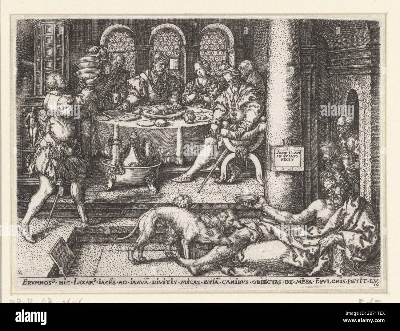 Lazarus bedelt aan de deur van de rijke man Parabel van Lazarus en de rijke man (servietitel) Le riche homme à la table avec sa femme et trois hommes, le vin est versé et un homme transportant deux bols à. Sur le sol de la salle est Lazarus dans sa main un bol pour les almes, les chiens léchent les blessures sur benen.Onder le texte de présentation: Erumnos 'hic Lazar' ias ad ianva dive dive dive micas ETIA canibus obiectas mesa epulonis petit lu 16. La deuxième impression d'une série de cinq fabricants: Print Maker: Heinrich Aldégraissant (indiqué sur l'objet), à sa conception: Heinrich AldégraverPlaats fabrication: Allemagne Banque D'Images