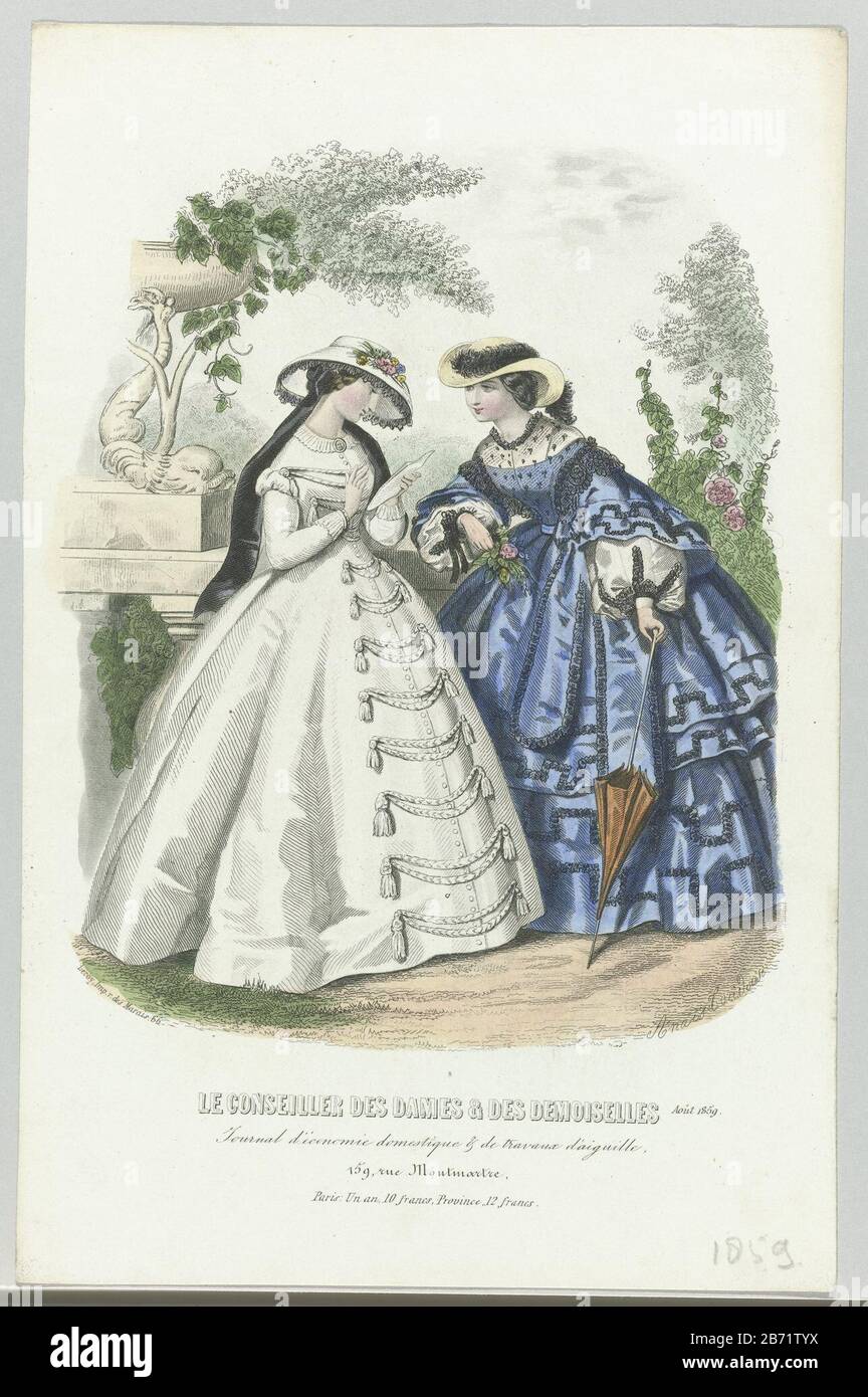 Deux femmes dans un jardin, dont une avec une lettre en main. Gauche : robe blanche à col haut avec manches longues serrées. Nœuds moyens pour une rangée avec des glands et des cordages. Chapeau décoré de dentelle (?) Et de fleurs. Droite : robe bleue surmontée de bandes ondulées de tissu (côté ?). Manches évasée et manches bouffées sous. Chapeau avec bords surélevés et plume d'autruche noire. Imprimer le magazine de mode le Conseiller des Dames (1847-1892) . Fabricant : à concevoir: Anaïs Colin-Toudouze (bâtiment classé) printmaker: Imprimante anonyme A. Leroy (propriété cotée) Lieu de fabrication: Paris Date: 1859 Caractéristiques physiques Banque D'Images