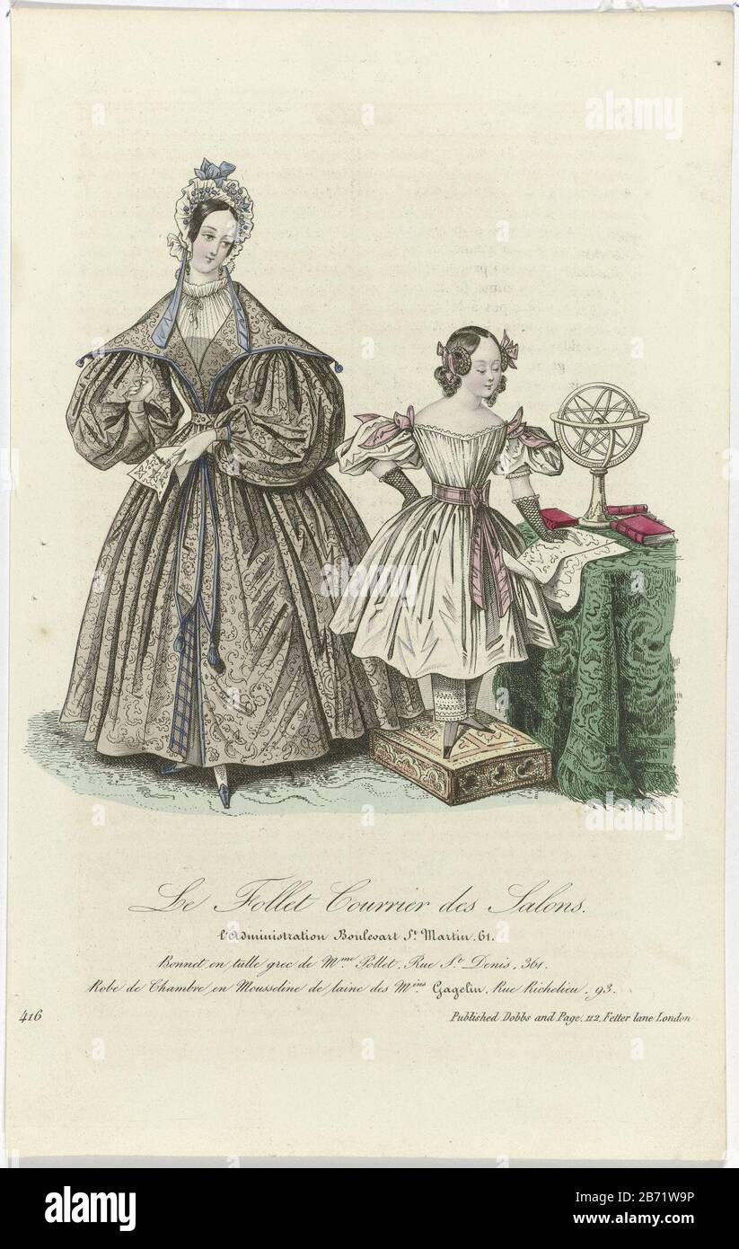 Le Follet Courrier des Salons, 1835, 416 Bonnet en tule grec () Femme et fille à une table où: Quelques livres et papiers. Selon la légende: Hat dans 'tulle grec' Pollet. Robe en laine de mousseline des magasins Gagelin. Imprimer le magazine de mode le Follet courrier des Salons (novembre 1829 octobre 1882) . Fabricant : printmaker: Éditeur anonyme: Dobbs and Page (propriété cotée) Lieu de fabrication: London Date: 1835 Caractéristiques physiques: Engraa, matière de couleur manuelle: Technique du papier: Engraa (procédé d'impression) / mesures de couleur à la main: Feuille: H 239 mm × W 150 mm Objet: Plaques de mode c Banque D'Images