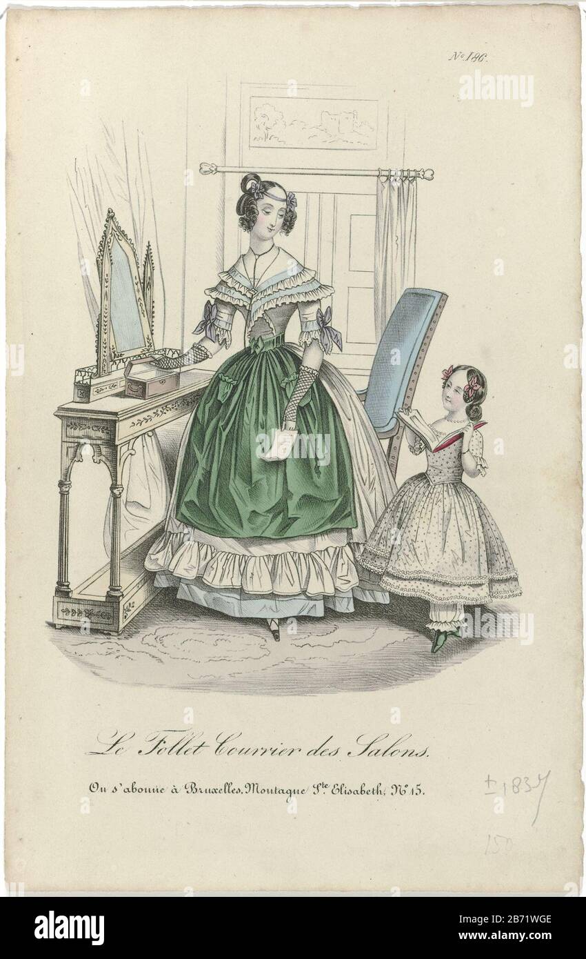 Le Follet Courrier des Salons, édifice Bruxelles, vers 1837, No 186 Femme debout sur une coiffeuse de style gothique, avec une lettre en main. À côté d'elle est une fille avec un livre ouvert dans ses mains. La femme porte une robe à demi-manches. Tablier vert avec deux poches. La fille porte une robe en pointillés dans le pantalon (les fleurs). Imprimer le magazine de mode le Follet courrier des Salons Edition Bruxelles (1834-1836) . Fabricant : printmaker: Anonyme date: Env 1837 Caractéristiques physiques: Lithographie, matériel de couleur manuelle: Technique du papier: Lithographie (technique) / couleur de la main dimensions: Feuille Banque D'Images