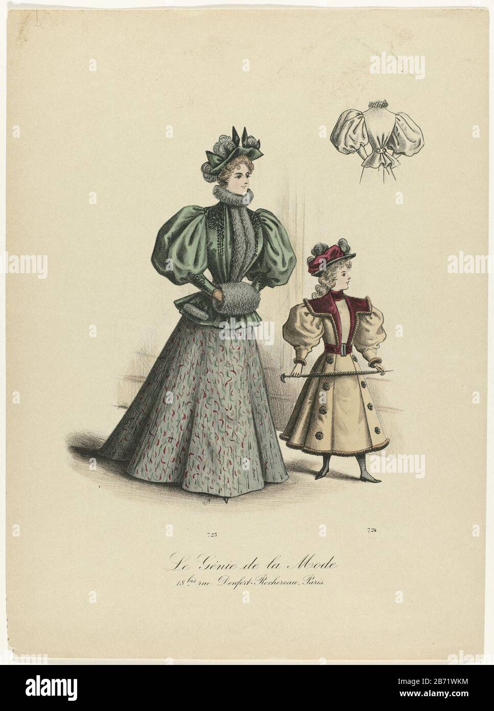 N° 723 : femme dans un manteau à col haut, avec fourrure et manches larges  en montgolfière avec manches serrées en dessous. Daaronden elle porte une  jupe évasée, elle porte un chapeau