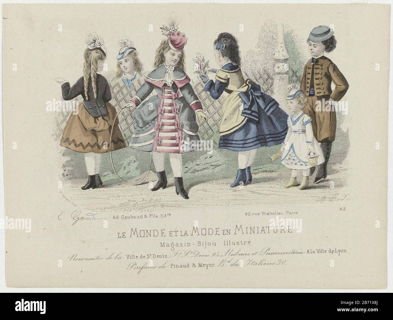 Six enfants jouent à l'extérieur , les meisjjjes sont vêtus de robes avec un tailleur et une veste. Le garçon porte une veste avec des sangsues. Le plus jeune enfant porte une robe avec une ceinture. Les vêtements de la Ville de St Denis et du bullion Ville de Lyon. Mode d'impression à partir du magazine le monde et la mode et miniature (1873-1874) . Fabricant : Print Maker: A. Bodin (indiqué sur l'objet) à dessin de: E. Guerdet (indiqué sur l'objet) éditeur: Ad. Goubaud et fils (bâtiment classé) bouton H. Lefèvre (propriété cotée) Lieu de fabrication: Paris Date: 1873 Caractéristiques physiques: Engrala, matière de couleur manuelle: PA Banque D'Images