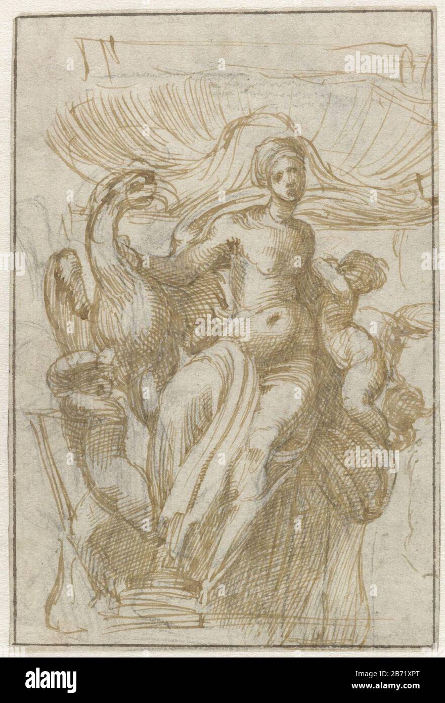 Leda de Vénus a rencontré vogel en putti voor een schelp Leda et Vénus avec des oiseaux et des putti pour un type d'objet coque (?): Dessin design Numéro d'article: RP-T-00-650 (R) Description: Design pour un fontein. Fabricant : artiste: Alonso Berruguete Dating 1500 - 1561 Caractéristiques physiques: Crayon, stylo en matière marron clair: Encre crayon papier technique: Stylo Dimensions: H 182 mm × W 122 mm Banque D'Images