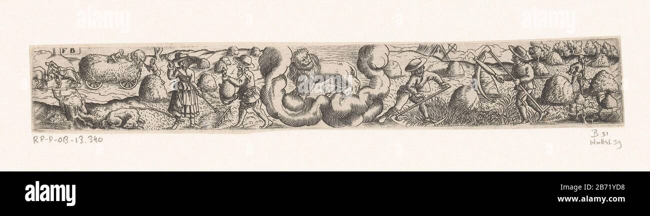 Leeuw (juli) Twaalf maanden van het jaar met tekens van de dierenriem (serietitel) Leeuw (juli)Twaalf maanden van het jaar met tekens van de dierenriem (serietitel) Type d'objet : prent Objectnummer: RP-P-OB-OB-Merempstein , Inscriptions: Franz Isaac Brun (vermeld op object)Plaats fabrication: Duitsland Dating: CA. 1559 - ca. 1596 kenmerken physique: Gravitation matériau: Papier Techniek: Graveren (drukprocedé) Dimensions: Plaatrand: H 24 mm × b 169 mmToeliechtZevende pruent uit en se Banque D'Images