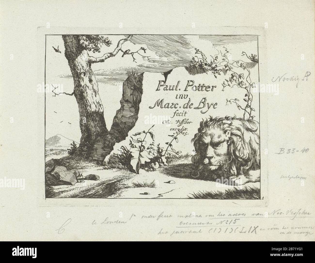 Leeuw ligend bij boom Roofdieren zwijnen (servietitel) Lion allongé sur les prédateurs et les porcs (titre de la série) Type de bien: Imprimer frontispiece Numéro de série: 1 / 8Objectnummer: RP-P-1890-A-15816Catalogustirebre: Hollstein Dutch 33Opmerking: Quatrième est présent dans la littérature P. Inscriptions / marques:. Marque du collectionneur, verso, estampillée: Lugt 2228 Fabricant : printmaker: Marcus de Bye (propriété cotée) conçu par: Paulus Potter (bâtiment classé) éditeur: Nicolaes Visscher (I ) (bâtiment classé) Lieu de fabrication: Printmake Banque D'Images