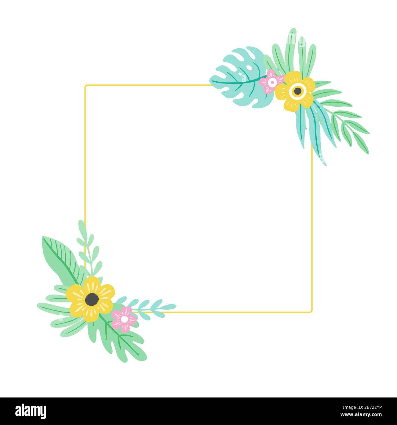 Cadre tropical de feuilles d'été pour bordure de texte, carte de vœux, affiche. Décoration fleurie exotique de style hawaï. Illusions vectorielles de style tendance. Illustration de Vecteur