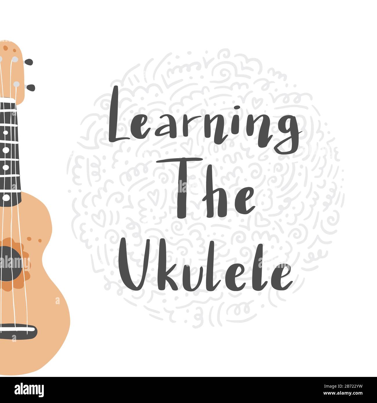 Bande dessinée ukulele avec texte lettrage pour le cours ukulele, canal, logo design. Petite guitare de style hawaï. Illuataration vectorielle du style dessiné à la main. Illustration de Vecteur