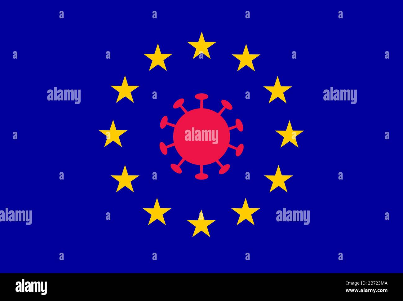 Grand coronavirus rouge COVID-19 symbole du milieu des étoiles jaunes dans l'UE - Union européenne - drapeau. Banque D'Images