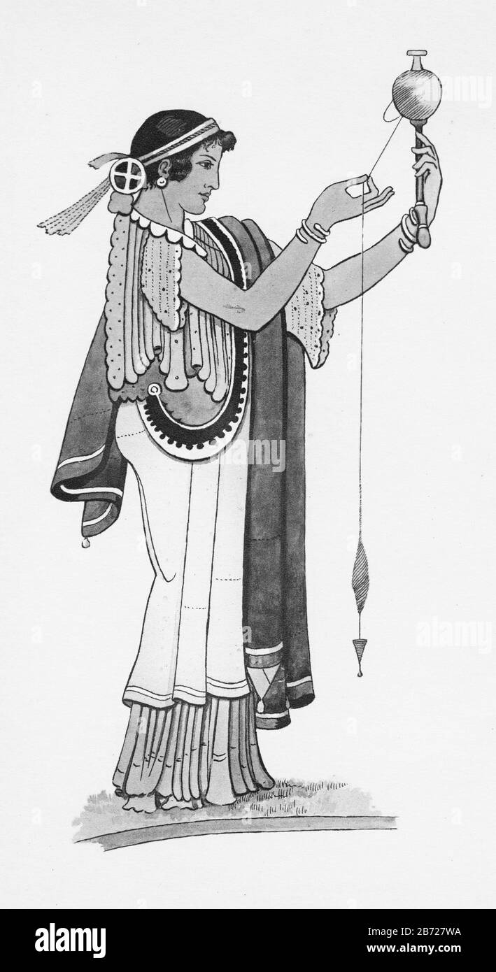 Illustration d'une femme de la Grèce antique qui tourne de la laine, d'un ensemble d'affiches scolaires utilisées pour les études sociales, c 1930 Banque D'Images