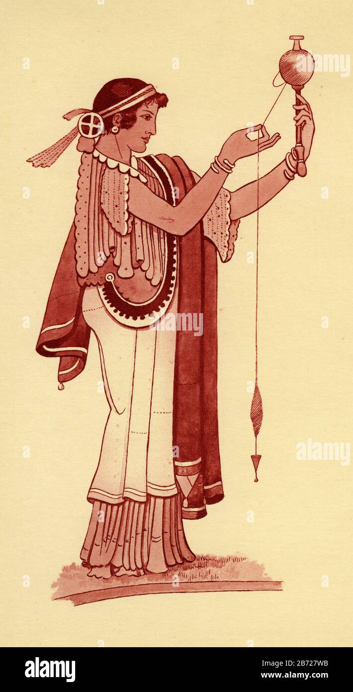 Illustration d'une femme de la Grèce antique qui tourne de la laine, d'un ensemble d'affiches scolaires utilisées pour les études sociales, c 1930 Banque D'Images