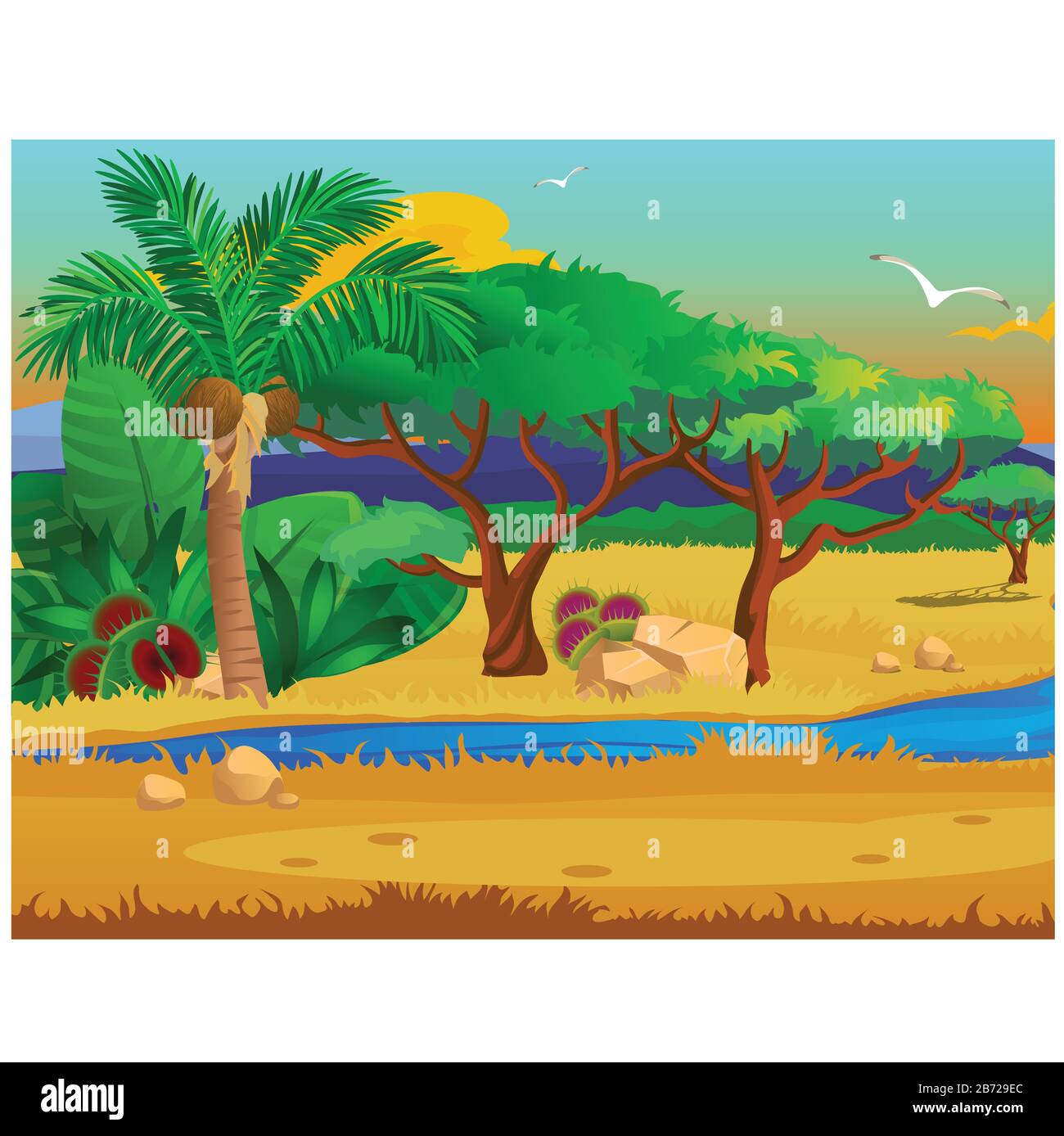Paysage pittoresque avec palmier à noix de coco, pierres, plantes carnivores, oiseau volant. Esquisse d'une belle affiche ou d'un placarde sur le thème de Illustration de Vecteur