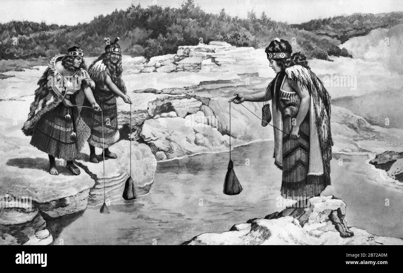 Illustration des femmes maories qui cuisent des aliments dans les bassins chauds de Rotorua, Nouvelle-Zélande, à partir d'un ensemble d'affiches scolaires utilisées pour les études sociales, c 1930 Banque D'Images