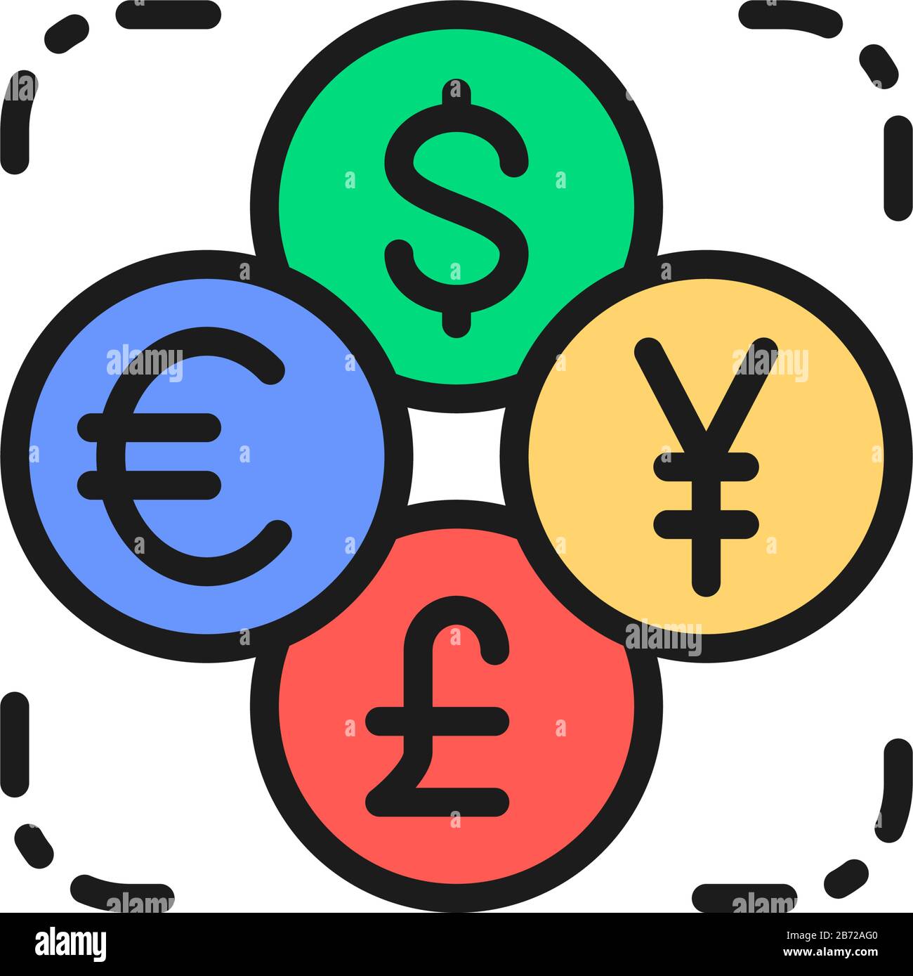 Bureau de change, monnaie étrangère, pièce de dollar, euro, yen couleur  plate icône Image Vectorielle Stock - Alamy