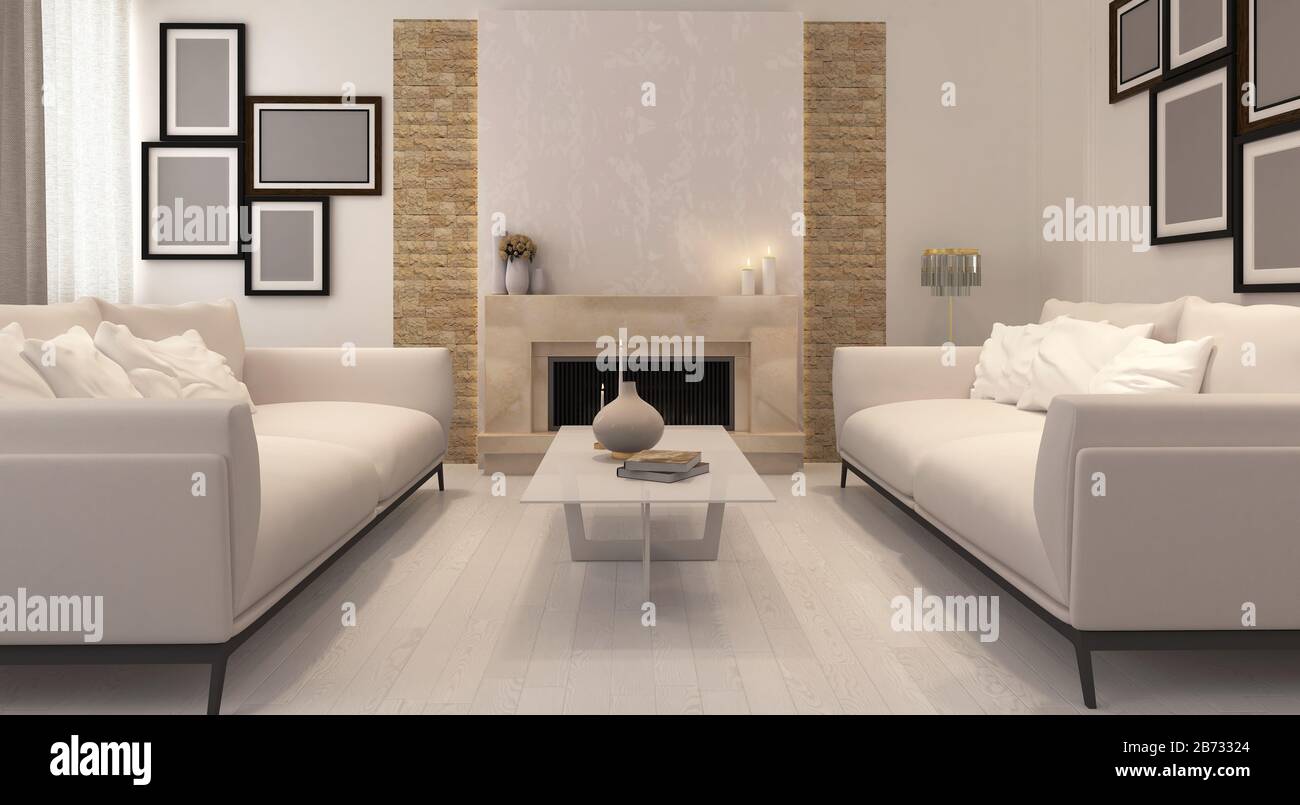 rendu 3d d'un salon avec cheminée et mobilier moderne. Tout est question de minimalisme ! Détails simples, mobilier blanc, bougies et amour. Banque D'Images