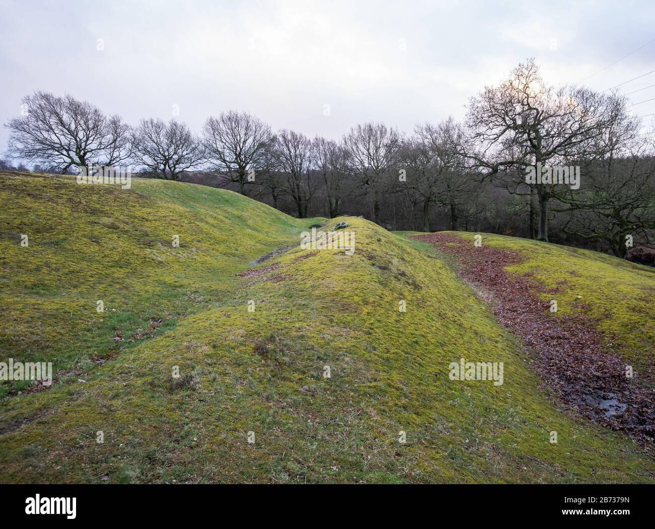 Les vestiges du château Rough sur le mur Antonine près de Bonnybridge en Ecosse, au Royaume-Uni Banque D'Images