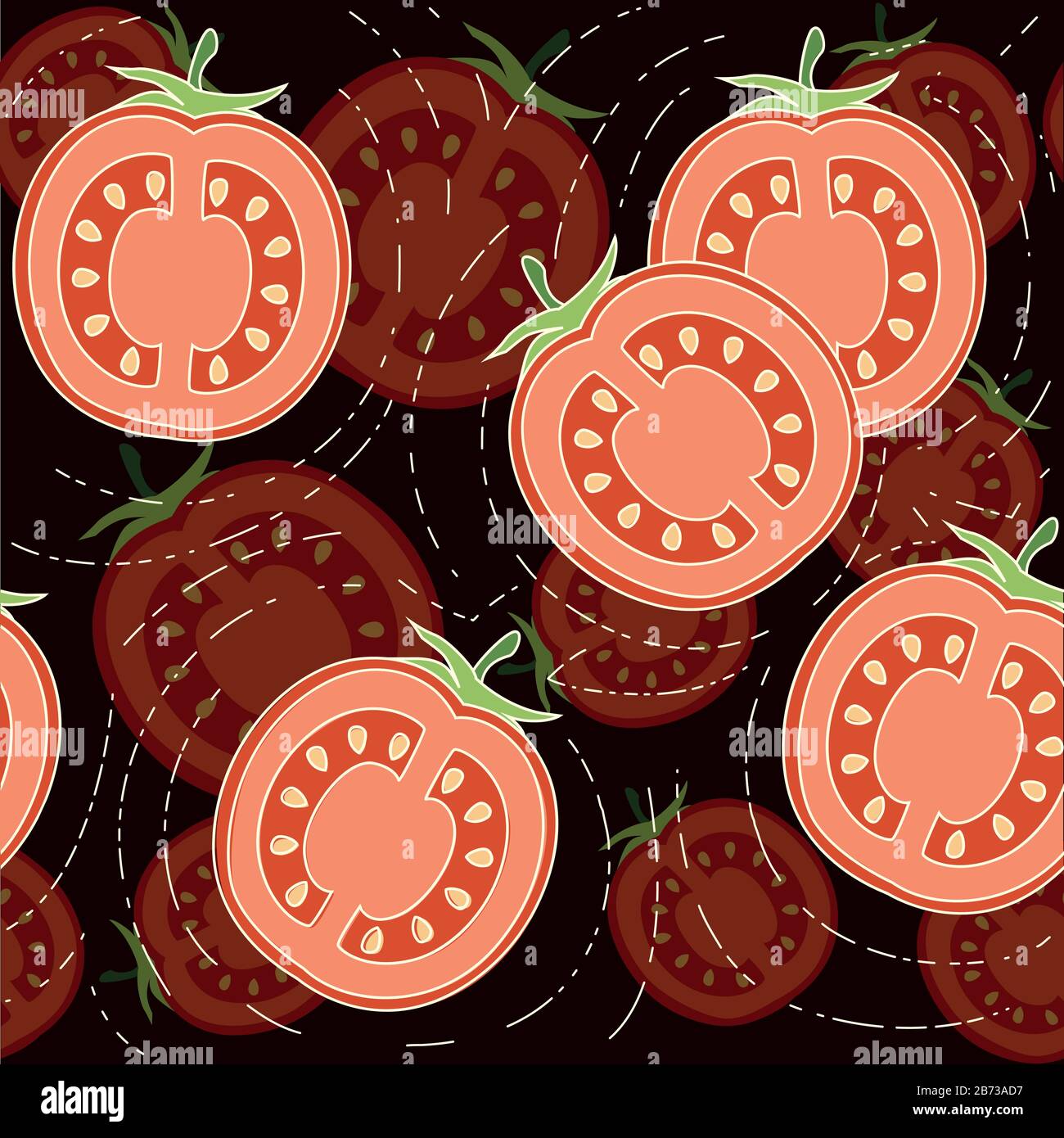 Modèle sans couture de tranches de tomate avec feuilles vertes illustration vectorielle plate sur fond sombre. Illustration de Vecteur