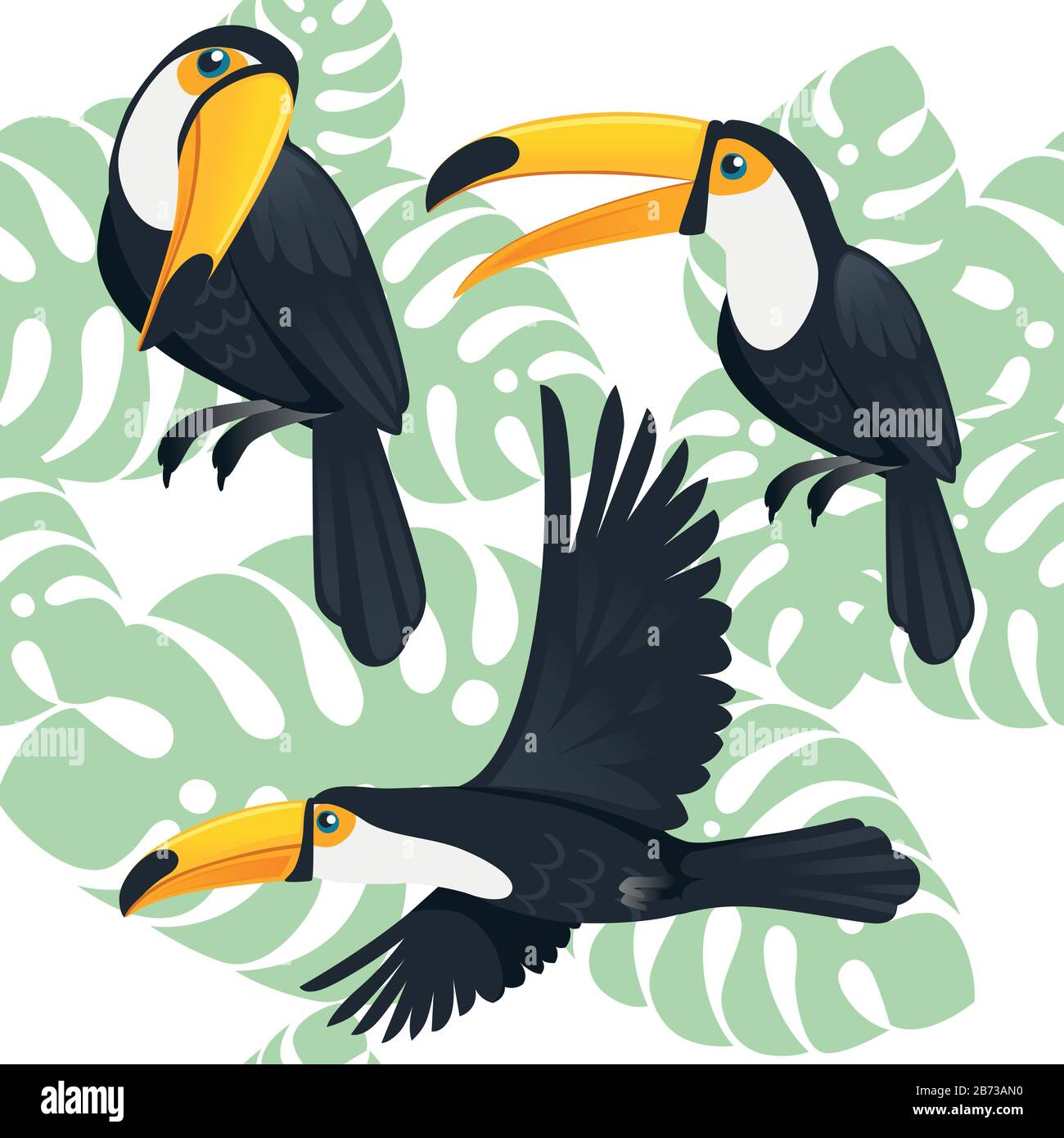 Motif sans couture de l'oiseau toucan brésilien mûr dessin animal dessin vectoriel plate sur fond blanc avec des feuilles vertes. Illustration de Vecteur
