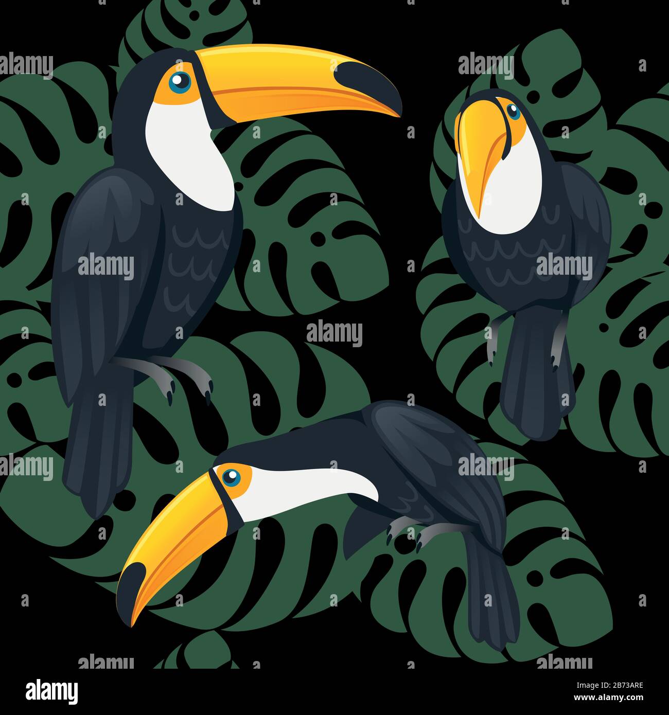 Motif sans couture de l'oiseau toucan brésilien mûr dessin animal dessin vectoriel plate sur fond sombre avec des feuilles vertes. Illustration de Vecteur