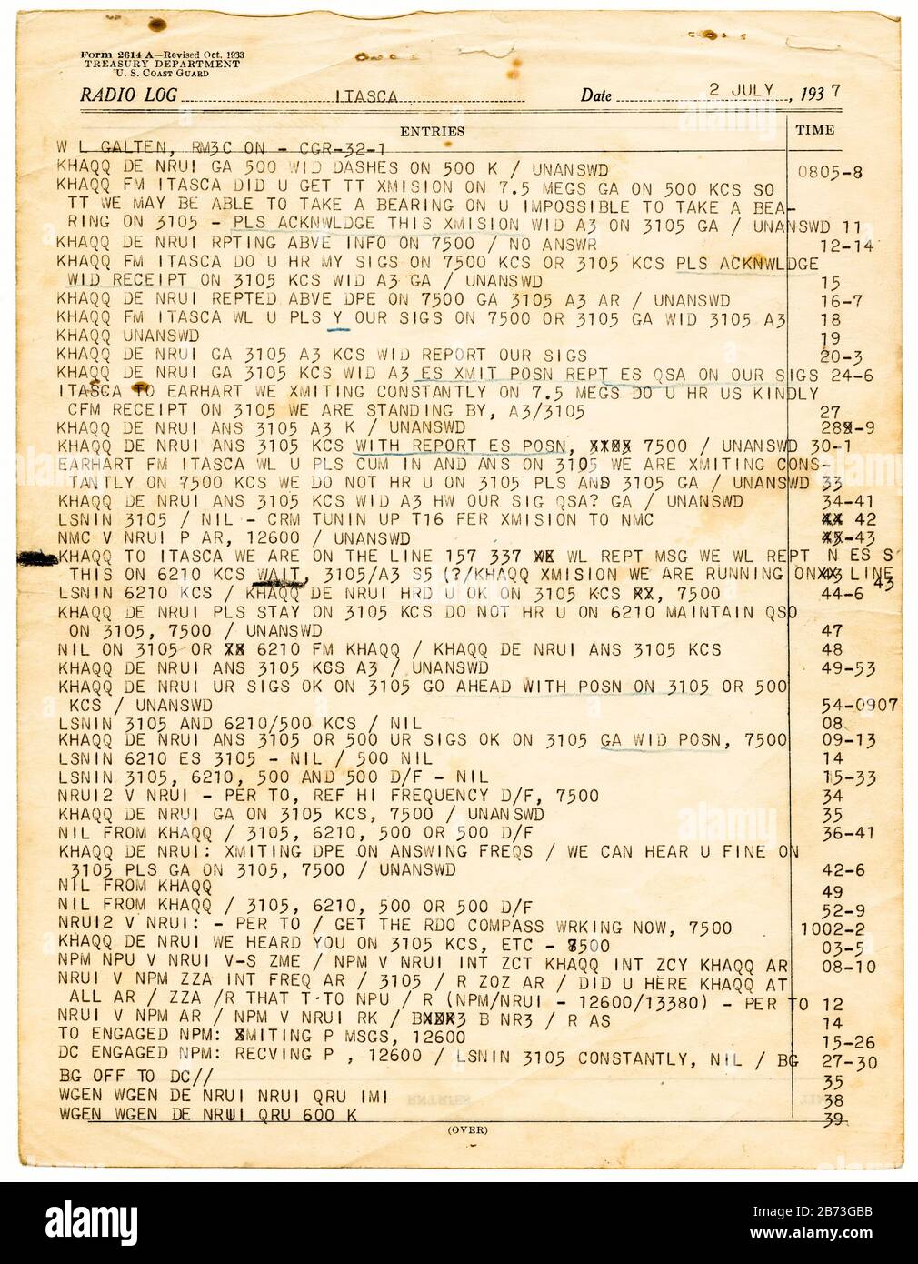 Journal radio original de Amelia Earhart, les dernières communications avec le coupeur de la Garde côtière américaine Itasca, à 8:43, 2 juillet 1937, manuscrit du XXe siècle par Leo G Bellarts, 1937 Banque D'Images