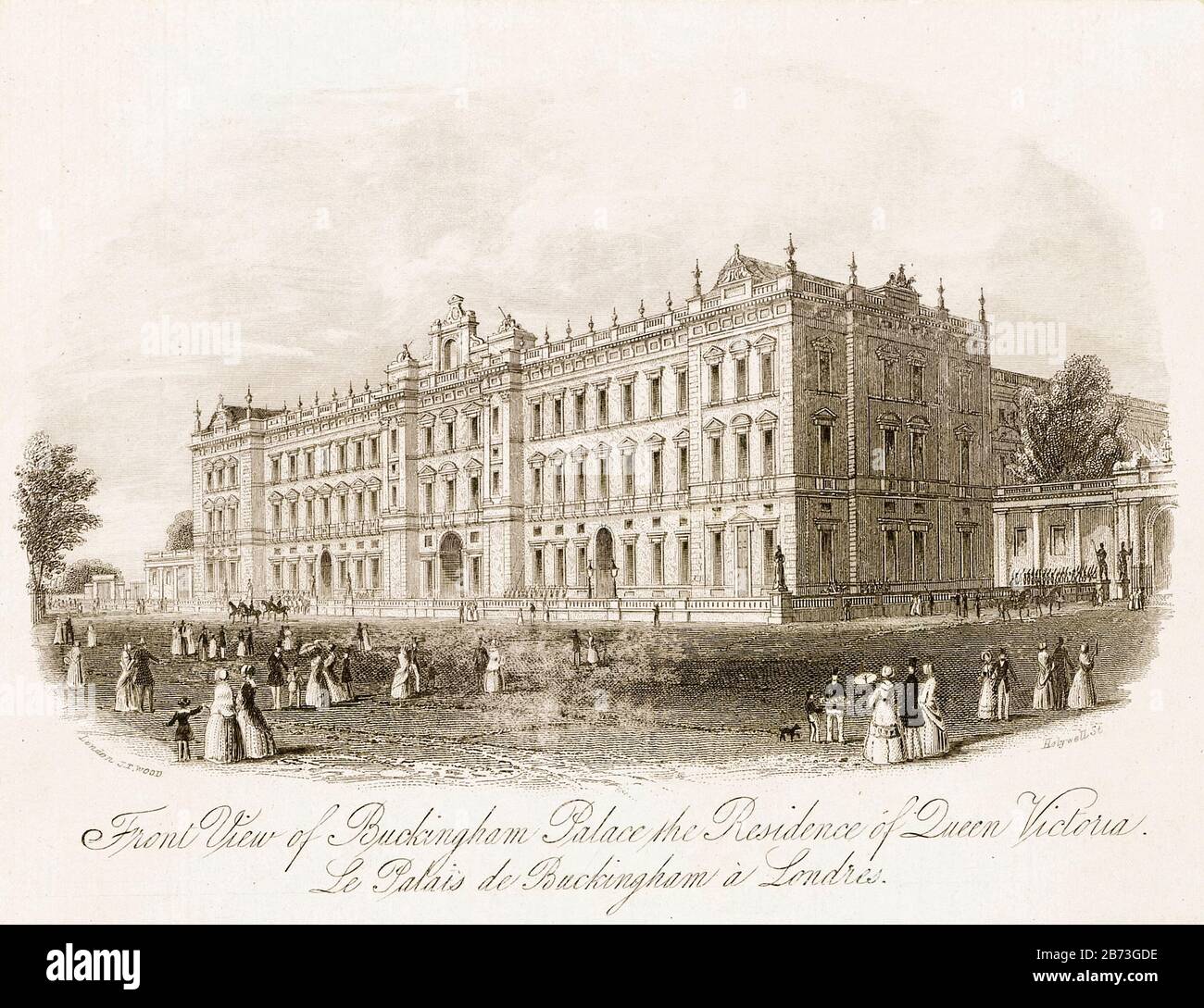 Vue avant du palais de Buckingham, Londres, illustration du XIXe siècle de Joseph Thomas Wood, 1841-1845 Banque D'Images