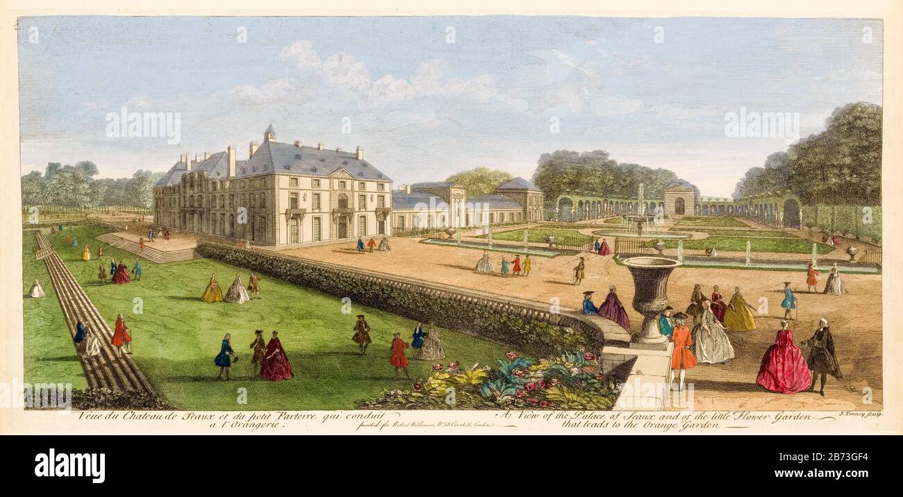 Le Château de Sceaux et Little Flower Garden qui mène à l'Orangerie, illustration du XVIIIe siècle de John Tinney, avant 1761 Banque D'Images