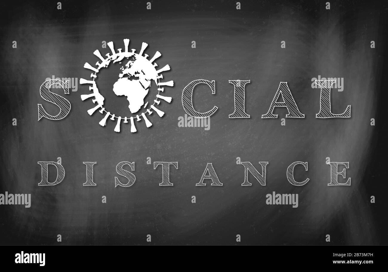 Tableau noir avec l'expression distance sociale dessus. Concept de distance sociale que nous devons établir afin de limiter l'impact du Coronavir Banque D'Images