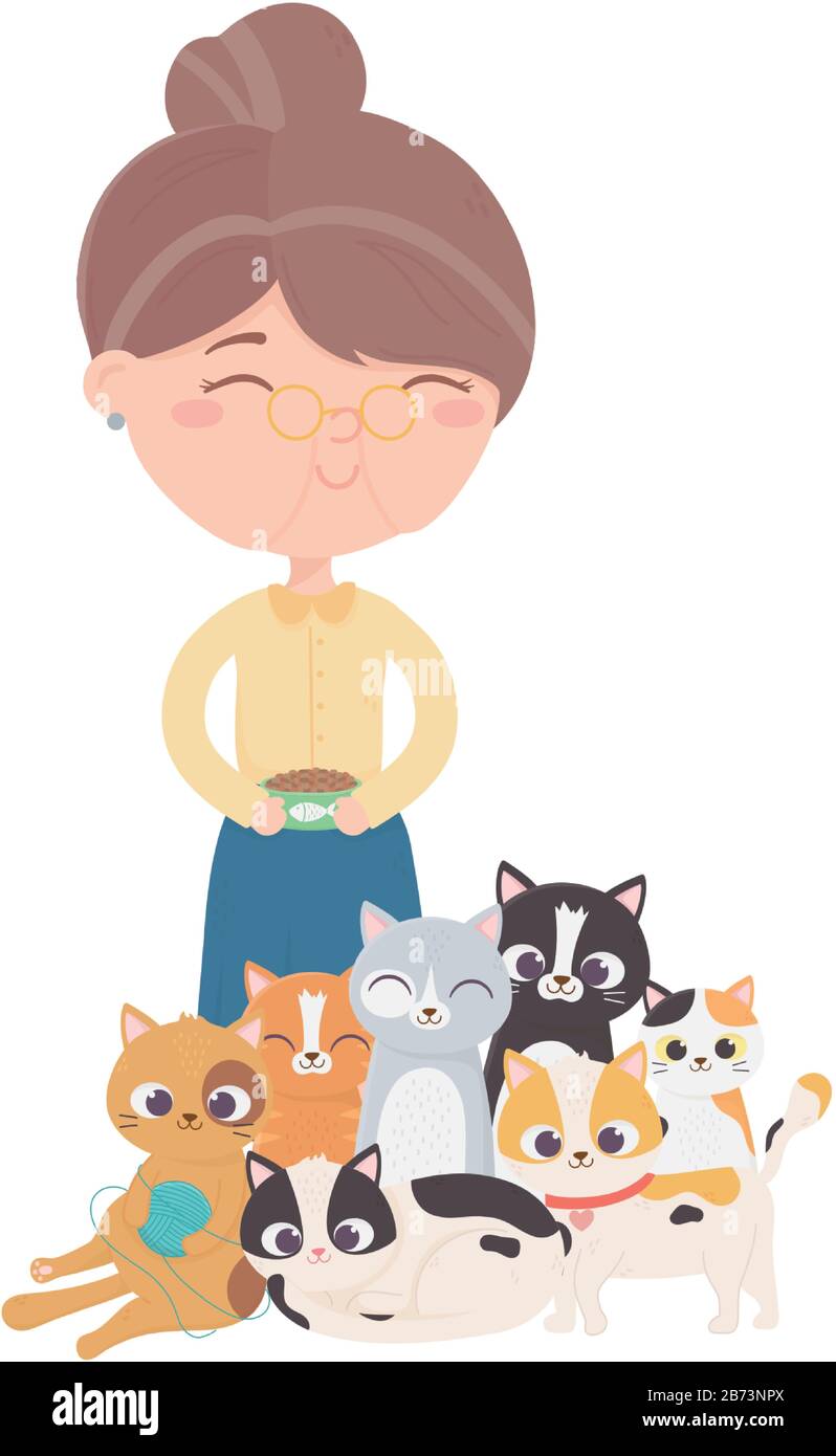 Les Chats Me Rendent Heureux Vieille Femme Avec De La Nourriture De Bol Et Beaucoup De Chatons Illustration Vectorielle De Dessin Anime Image Vectorielle Stock Alamy