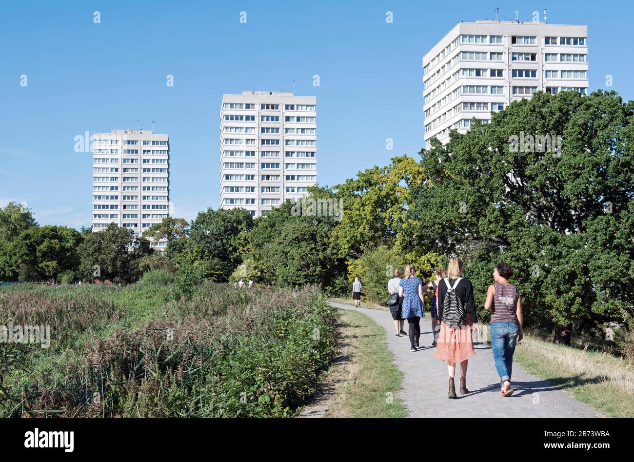 Les gens marchant le long du sentier Woodberry Wetlands, réserve naturelle urbaine, officiellement Stoke Newington Réservoirs, Londres Borough de Hackney. Banque D'Images