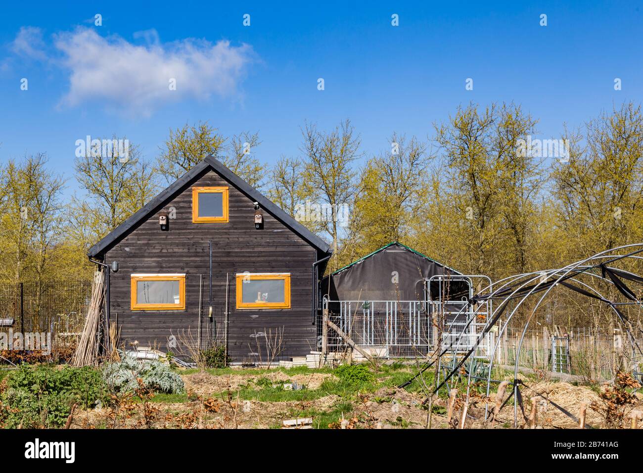 Almere, Pays-Bas, 12 mars 2020: Maisons minuscules écologiques à Oosterwold déstrict à Almere avec jardin végétable et hangar d'animaux. Banque D'Images