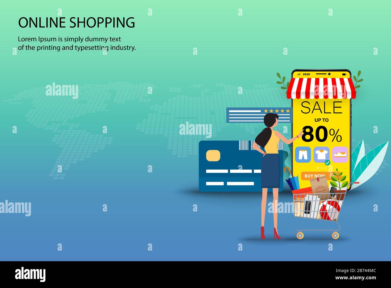 Concept de shopping en ligne, la femme d'affaires est debout avec des marchandises dans le panier devant la carte de crédit et le smartphone qui affichent un taux d'escompte. Illustration de Vecteur