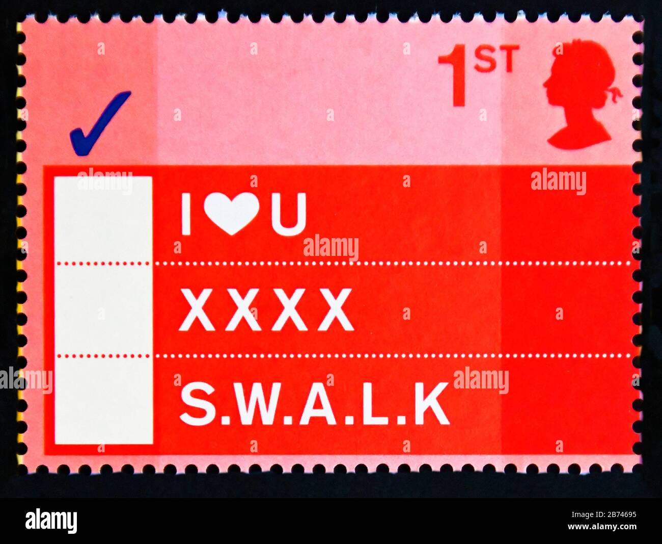 Timbre-poste. Grande-Bretagne. La reine Elizabeth II Timbres D'Accueil « Occasions ». 'JE T'AIME', 'XXXX', 'W.A.L. K.'. 1ère. 2003. Banque D'Images