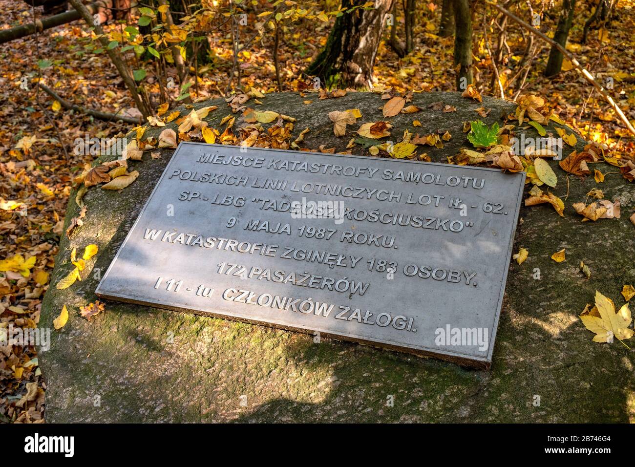 Varsovie, Mazovia / Pologne - 2019/10/20: Vol d'avion 5055 monument commémoratif d'accident sur le site de l'accident d'avion réel du 9 mai 1987 dans la forêt de Las Kabacki Banque D'Images