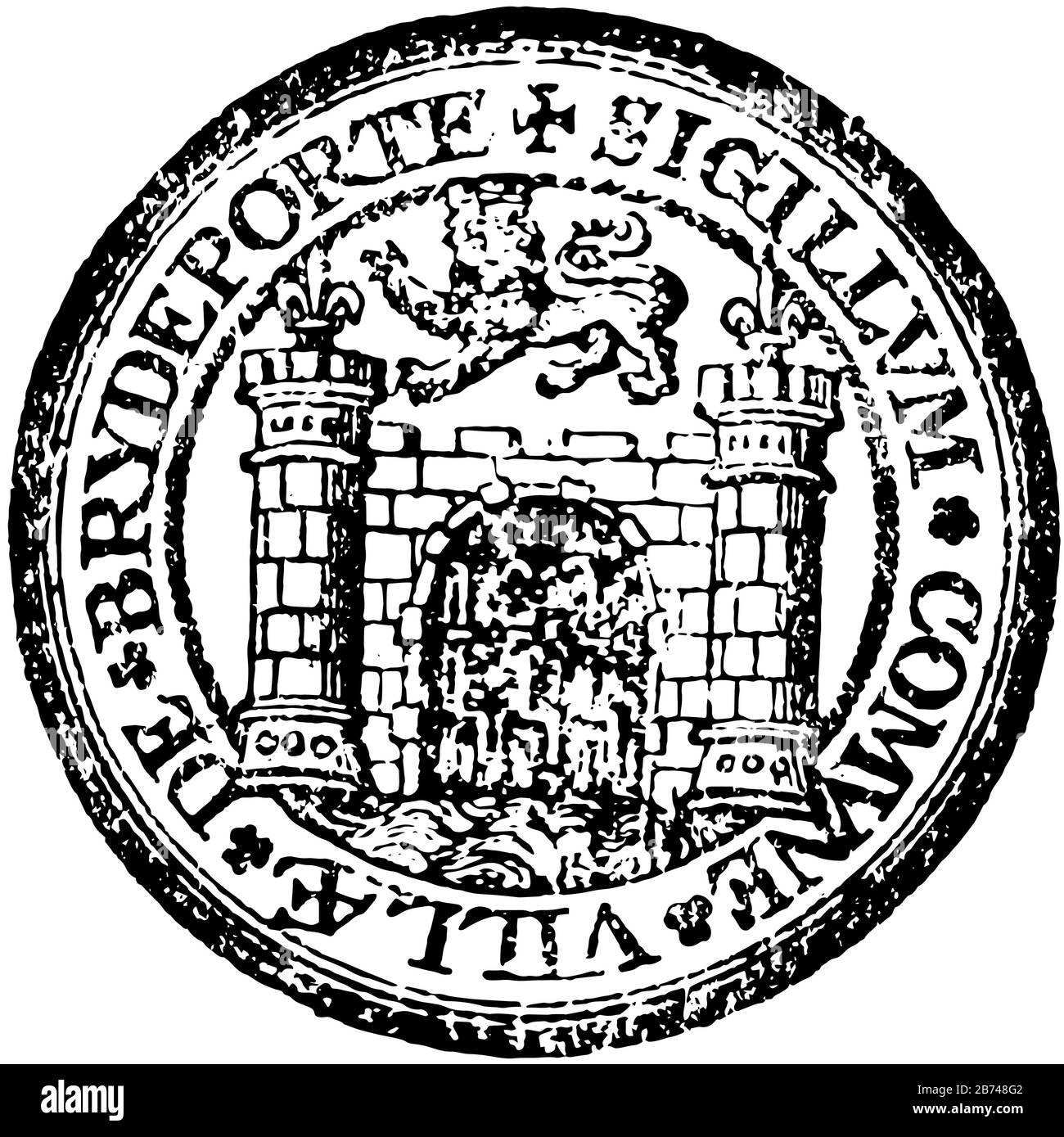 Un sceau représentant la ville de Bridgport, en Angleterre, il a un château à l'intérieur du cercle et au-dessus d'un lion, et dans le cercle extérieur suivant les mots sont Illustration de Vecteur