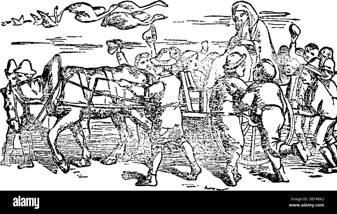 Une femme assise dans un chariot à cheval et allant quelque part, des gens se tenant autour du chariot et des oiseaux volant dans l'air, dessin de ligne vintage ou gravure Illustration de Vecteur