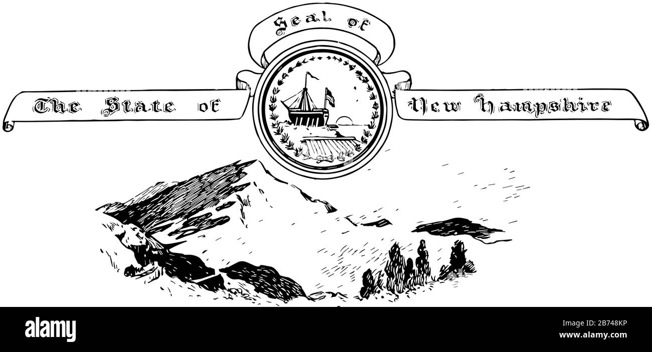 Le sceau des États-Unis du New Hampshire, ce phoque a des montagnes en arrière-plan, il a aussi un navire debout sur la mer et le soleil levant en forme de cercle, vinta Illustration de Vecteur Le sceau des États-Unis du New Hampshire, ce phoque a des montagnes en arrière-plan, il a aussi un navire debout sur la mer et le soleil levant en forme de cercle, vinta Illustration de Vecteur