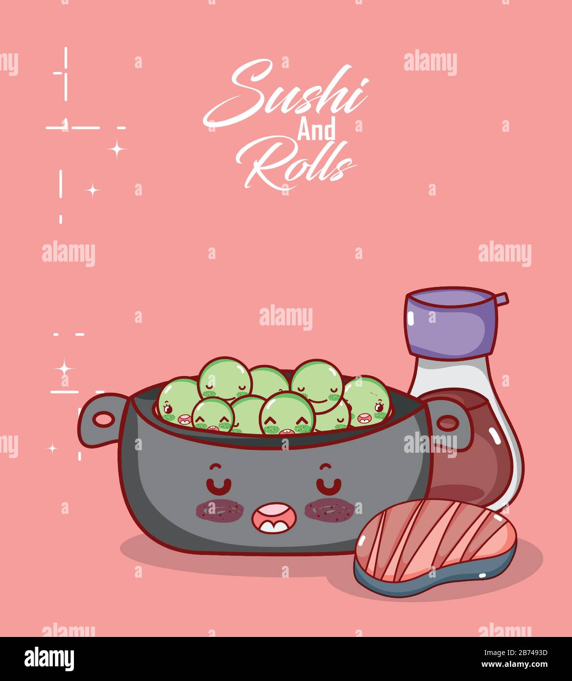 kawaïi cuisine pot petits pois viande et saké alimentaire japonais dessin vectoriel illustration sushi et rouleaux Illustration de Vecteur