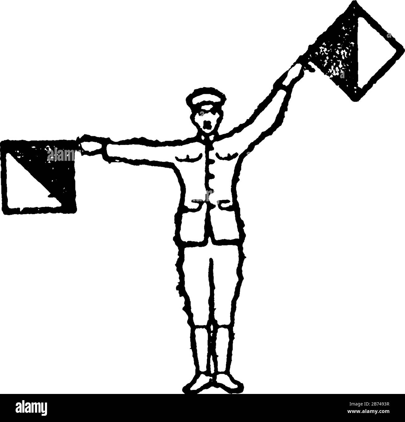 Signal de drapeau pour la lettre Q, un homme tenant deux drapeaux, gauchissement droit est dans 90 dgree côté droit, drapeau gauche 135 degrés dans l'air côté gauche, vint Illustration de Vecteur