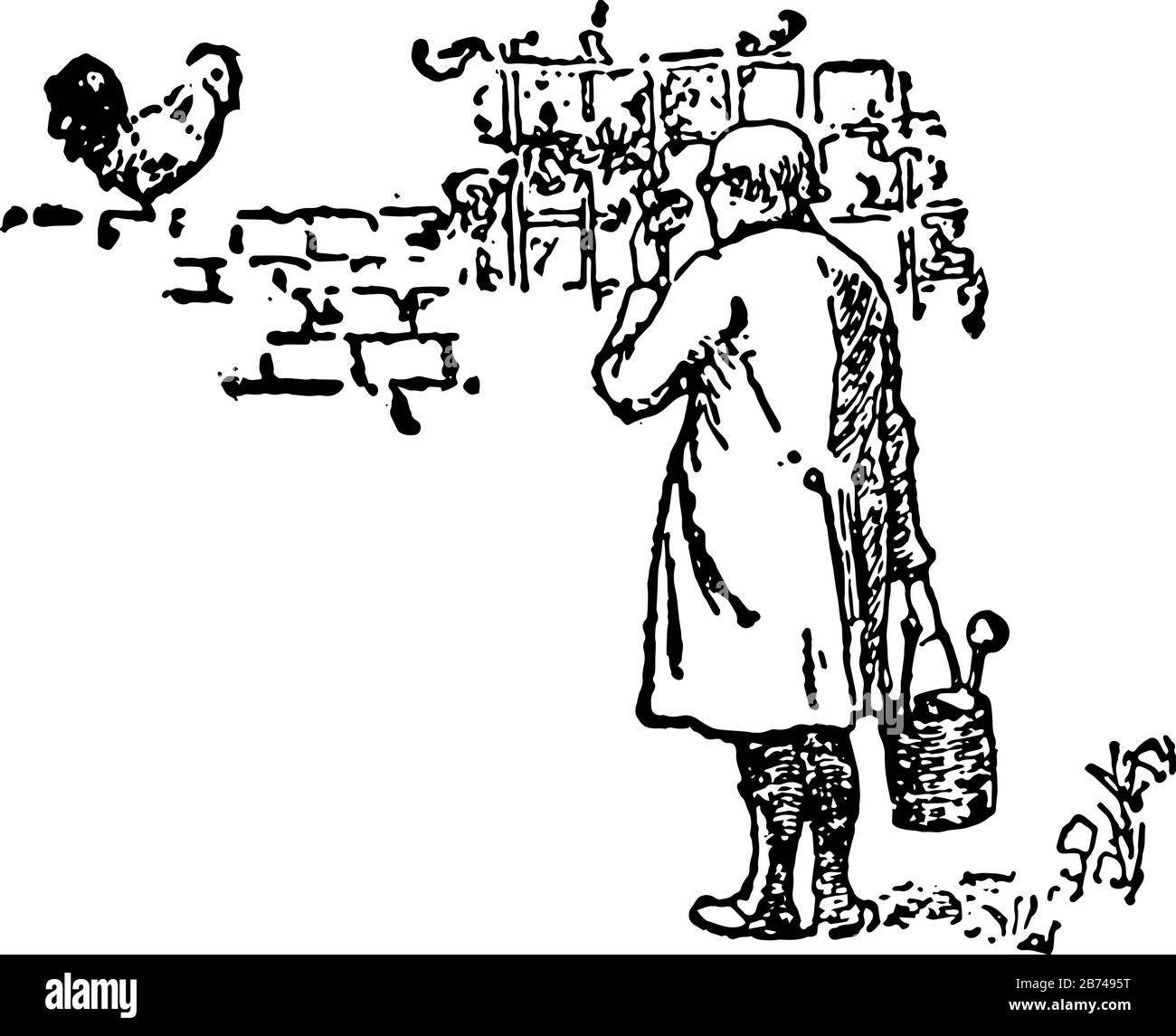 Maison que Jack A Construit, cette scène montre l'homme tenant arroser peut dans une main et une poule sur le mur composé, dessin de ligne vintage ou gravure illustrati Illustration de Vecteur