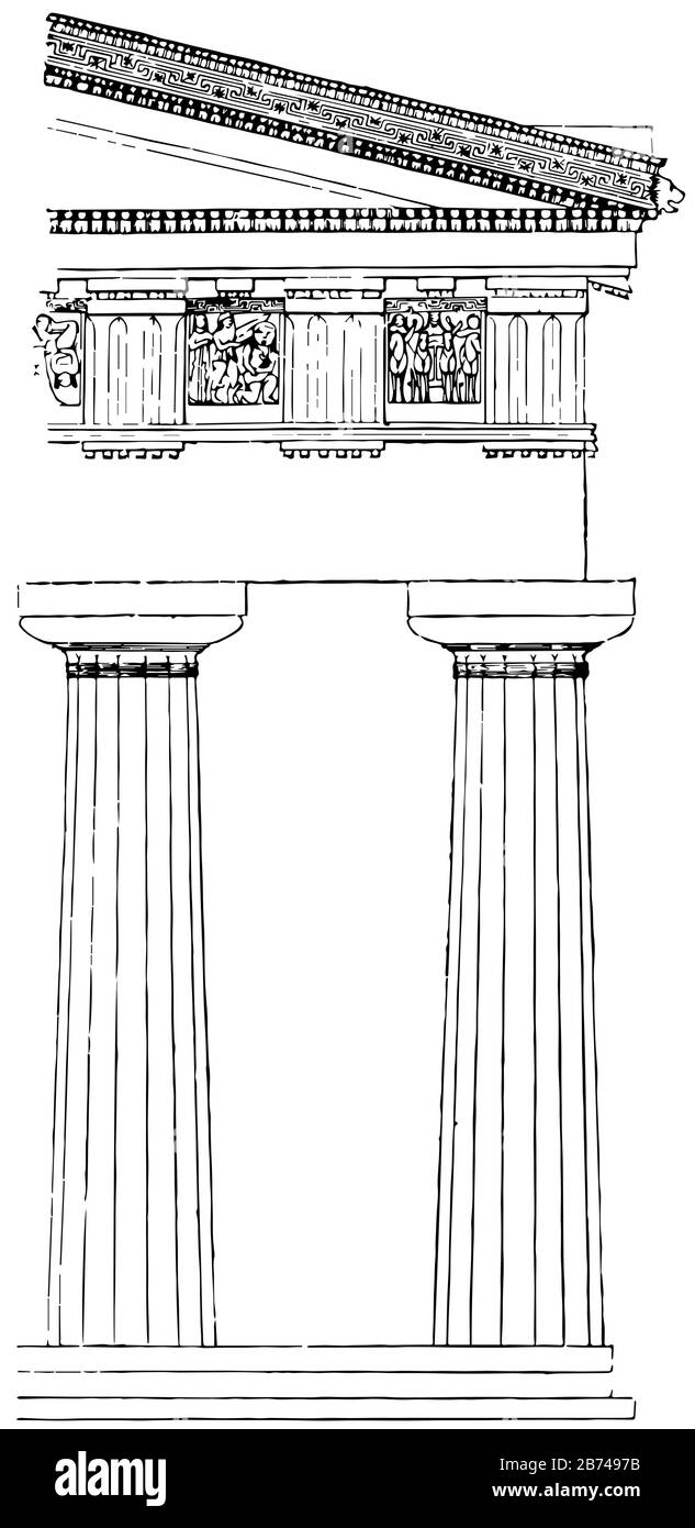 Ordre dorique, cannelé, éviscéré, motels, pediment, selinus, stylobate, temple, dessin de ligne vintage ou illustration de gravure. Illustration de Vecteur
