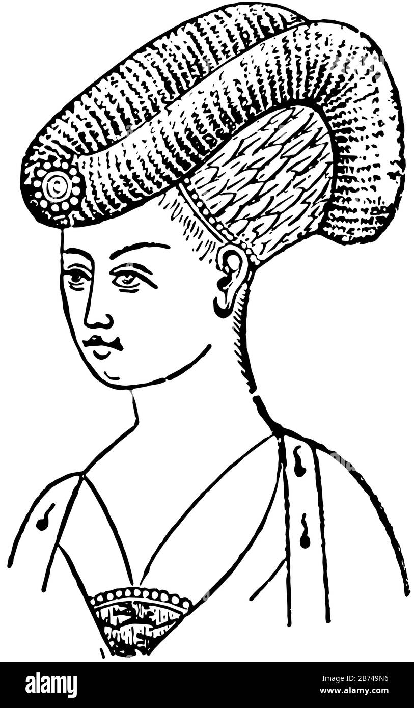 Elizabeth of York's Mitre Head-Dress en vitrail à Little Malvern, dessin vintage ou gravure d'illustration. Illustration de Vecteur