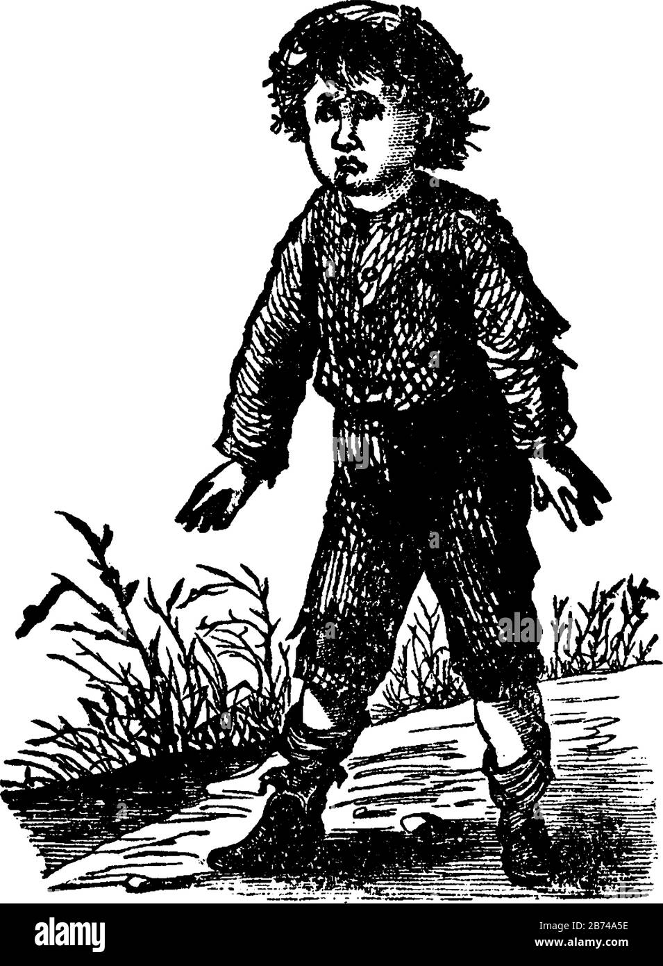 Peter White, cette image montre qu'un enfant est debout sur le sol et l'expression effrayante sur le visage, le dessin vintage de ligne ou l'illustration de gravure Illustration de Vecteur